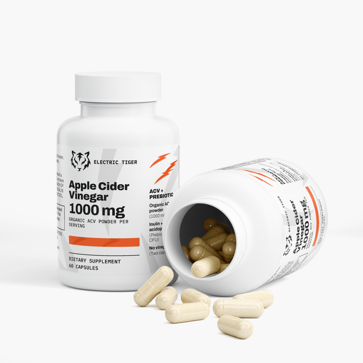 Electric Tiger Apple Cider Vinegar bottle, open with capsules