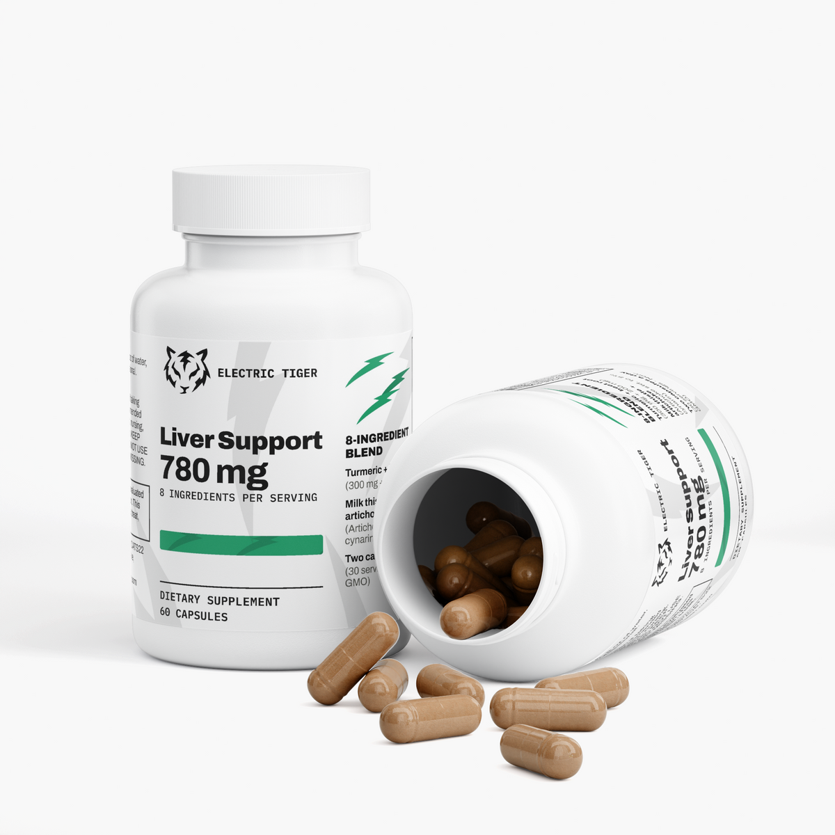 Electric Tiger Liver Support bottle, open with capsules