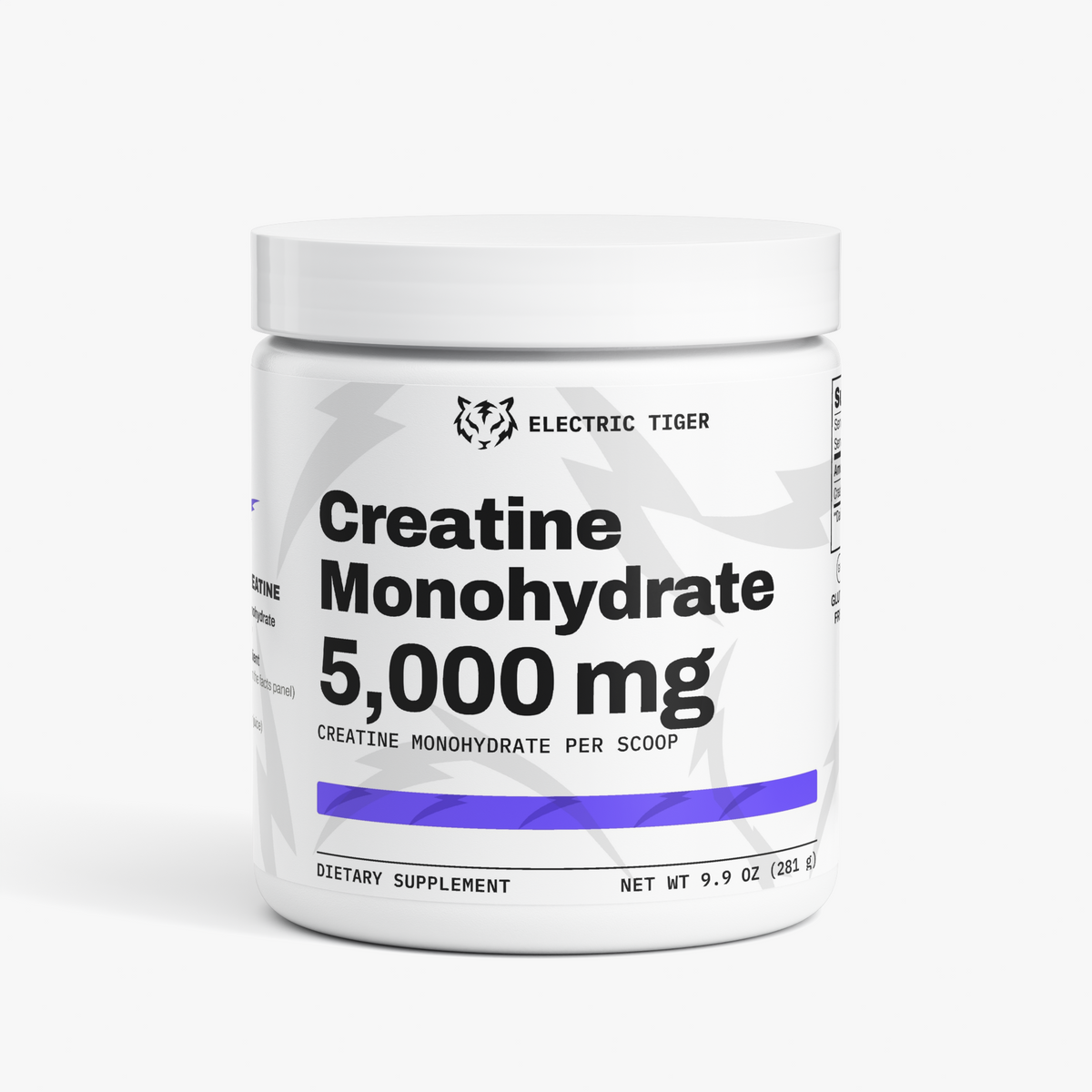 Electric Tiger Creatine Monohydrate powder, front of tub