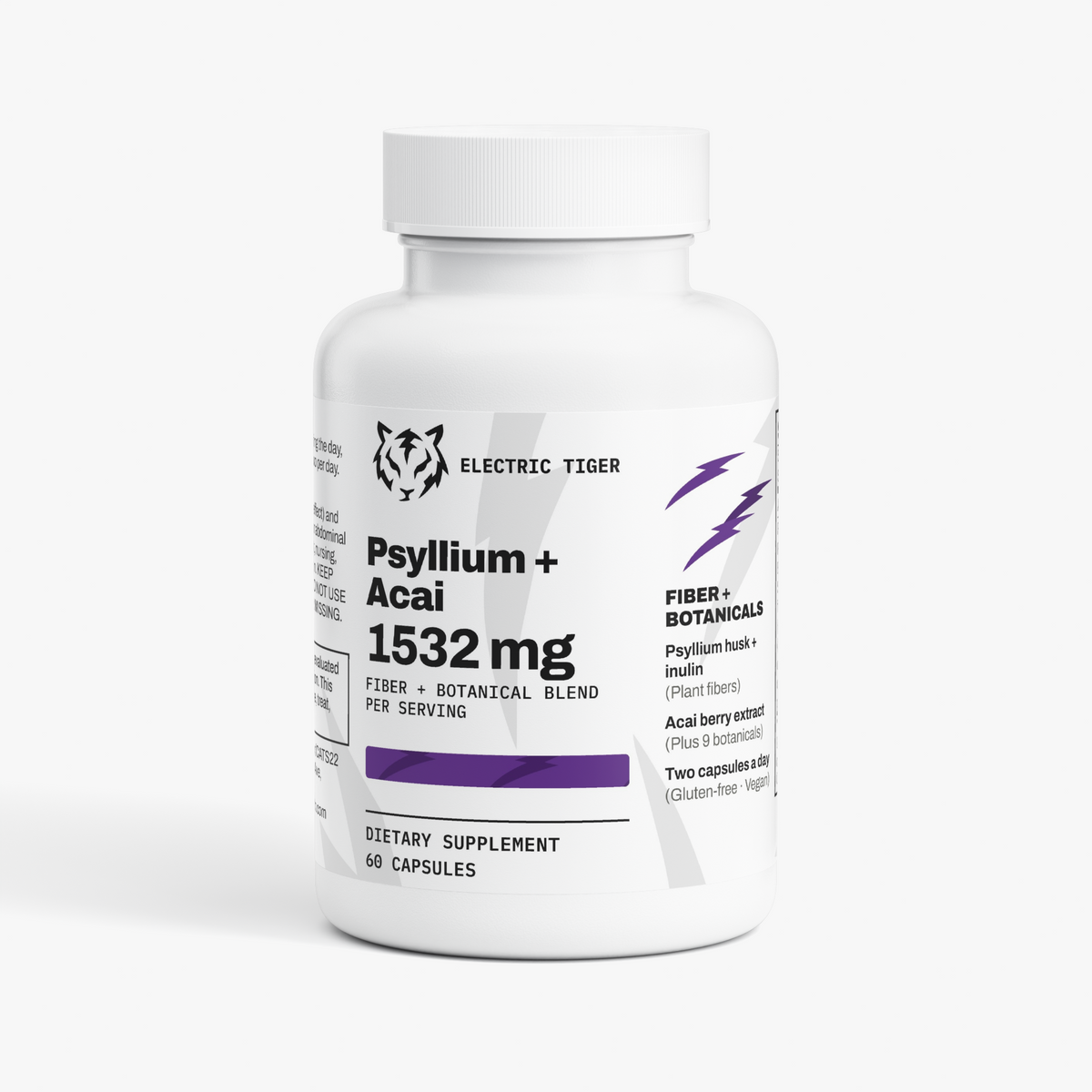 Electric Tiger Psyllium + Acai Fiber Blend capsules, front of bottle