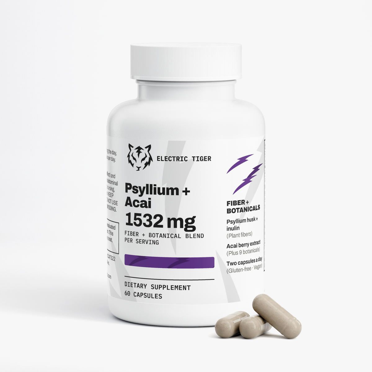 Electric Tiger Psyllium + Acai bottle with capsules