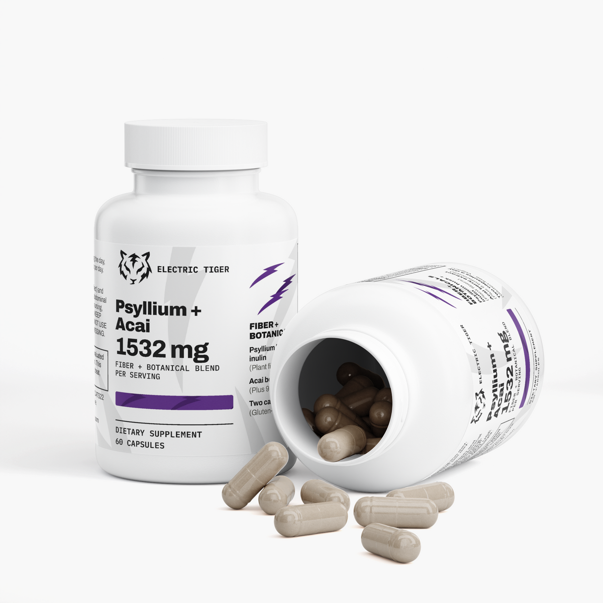 Electric Tiger Psyllium + Acai bottle, open with capsules