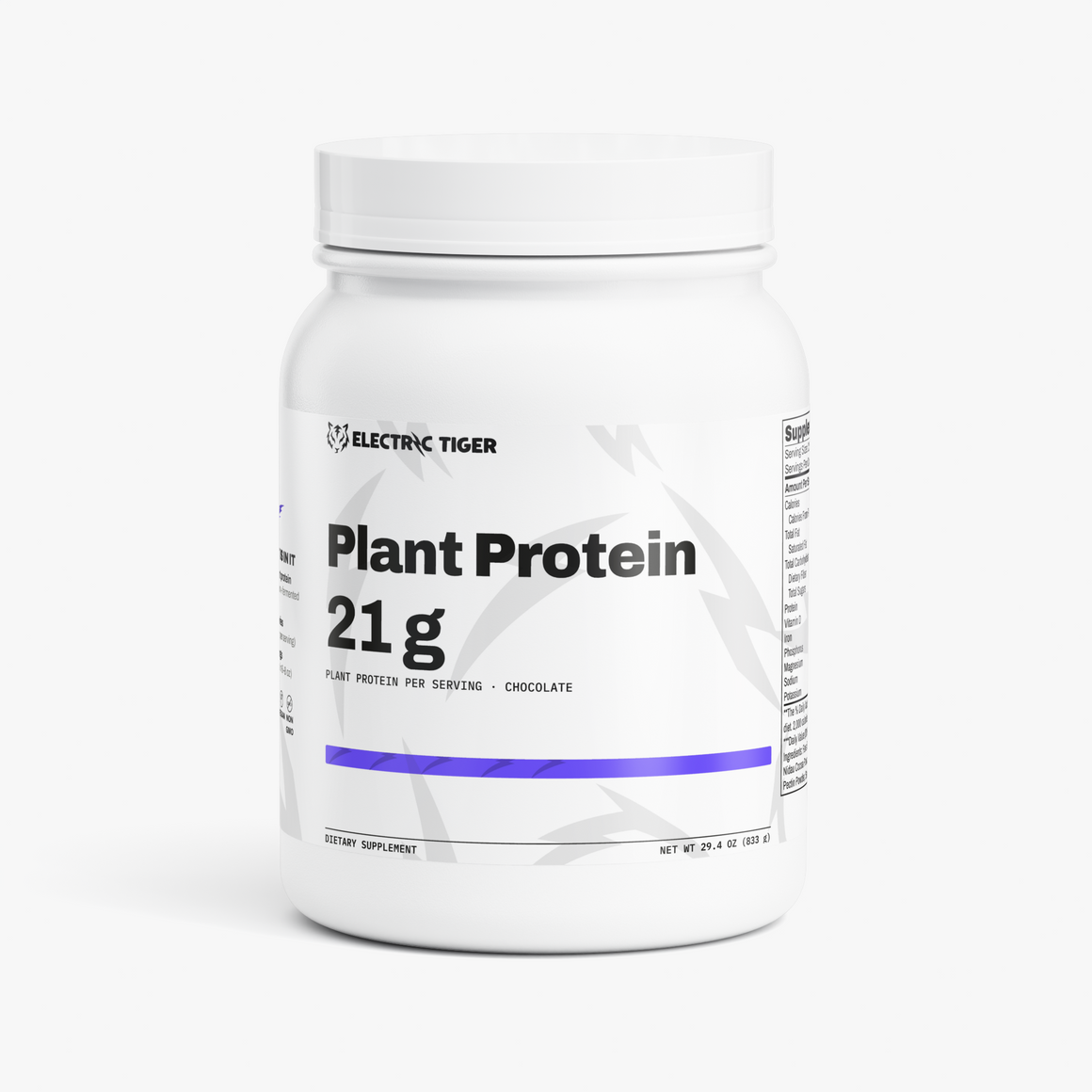 Electric Tiger Plant Protein chocolate, front of tub