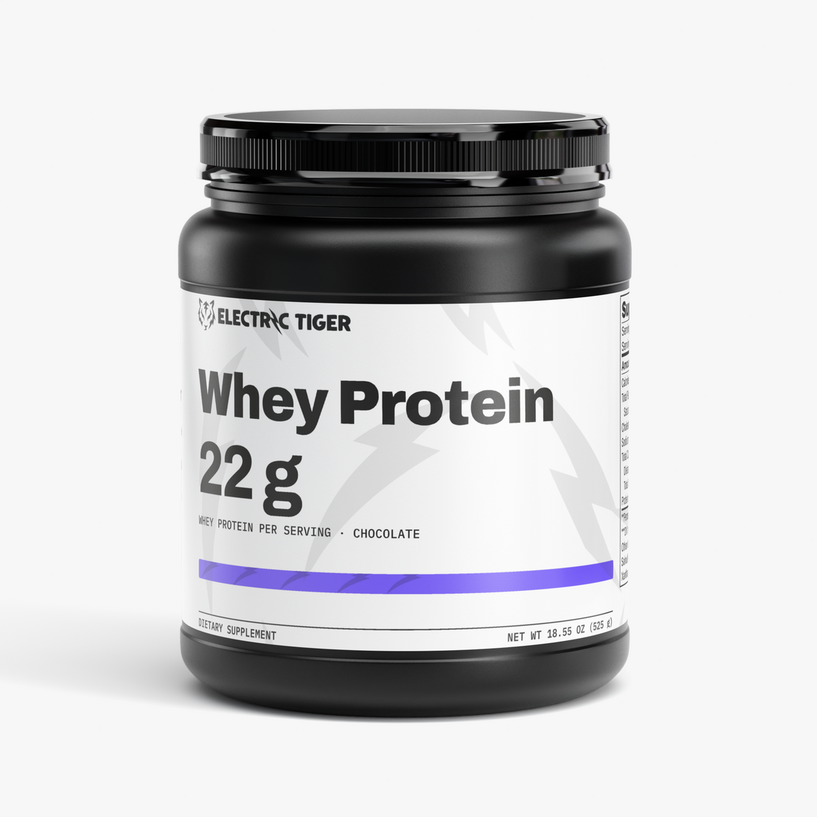 Electric Tiger Whey Protein chocolate, front of tub