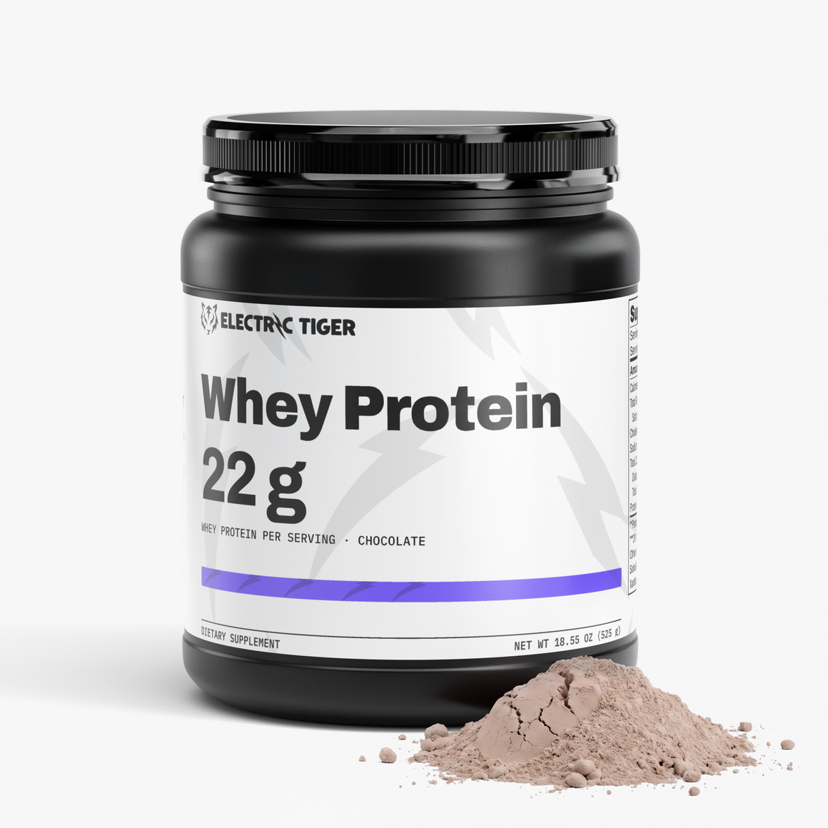 Electric Tiger Whey Protein tub, angled