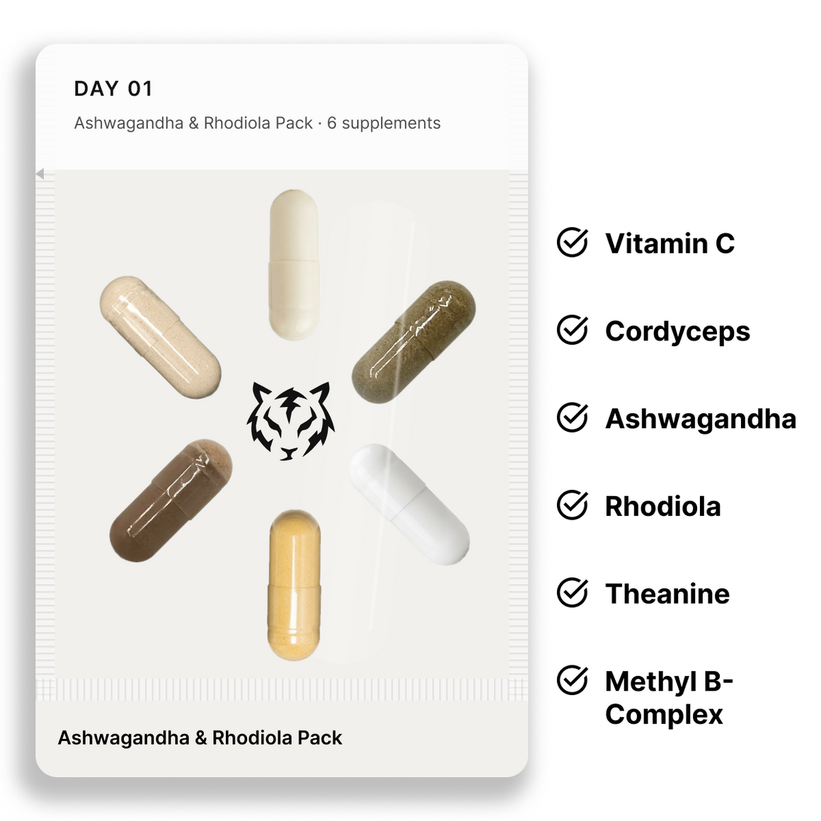Ashwagandha & Rhodiola Pack: one daily pouch and the 6 supplements inside it