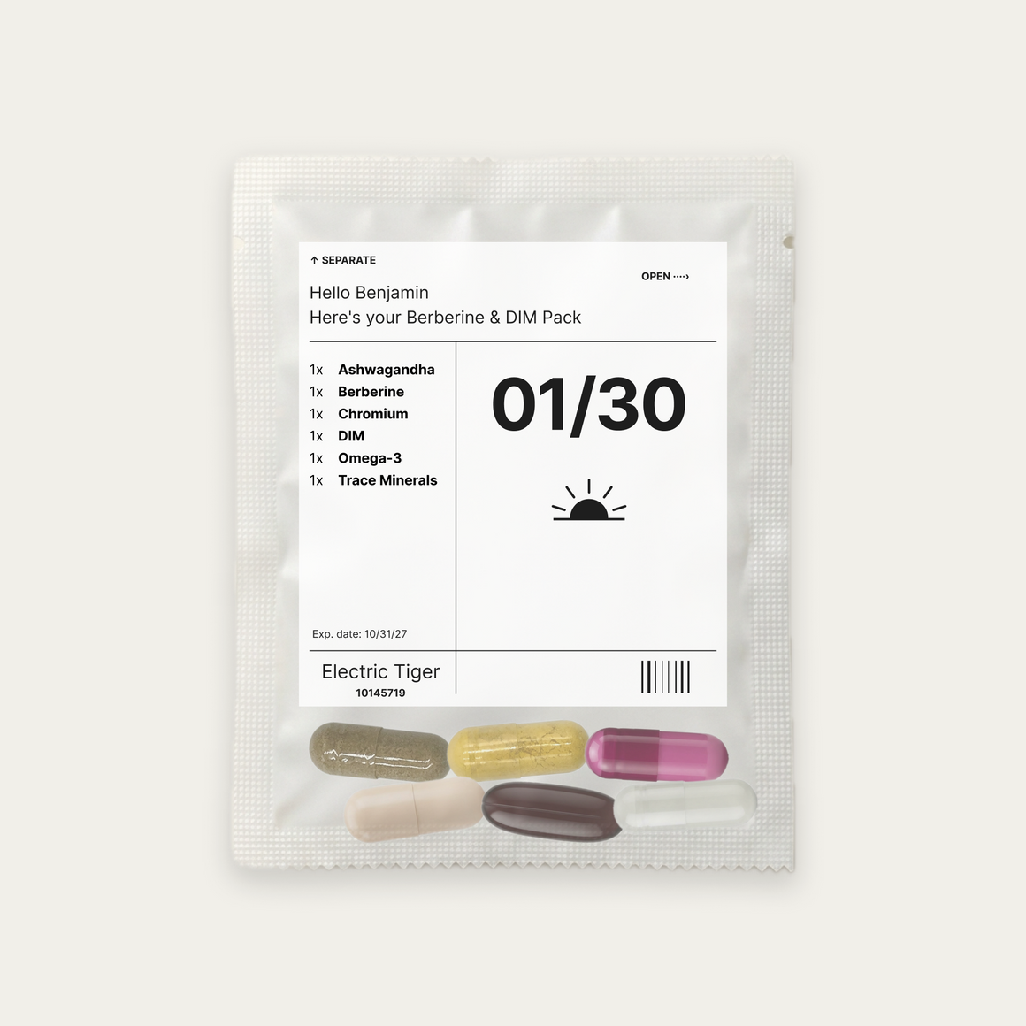 Berberine & DIM Pack: the daily pouch, printed with a first name, the day and each of the 6 supplements inside
