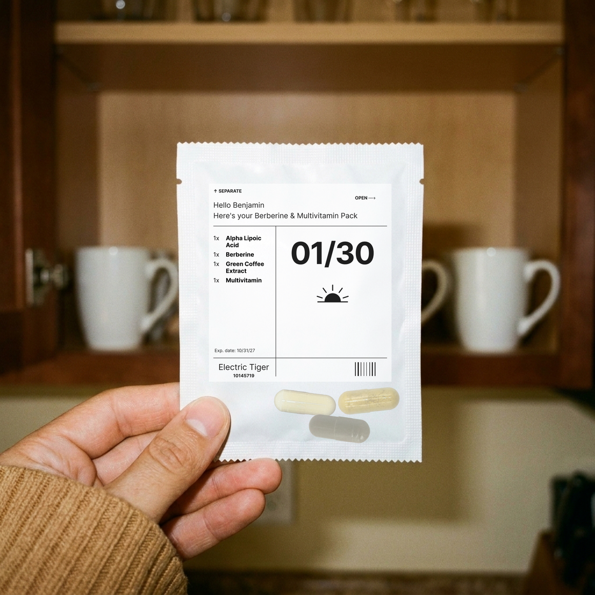 Berberine & Multivitamin Pack: one day's pouch, held up in a kitchen