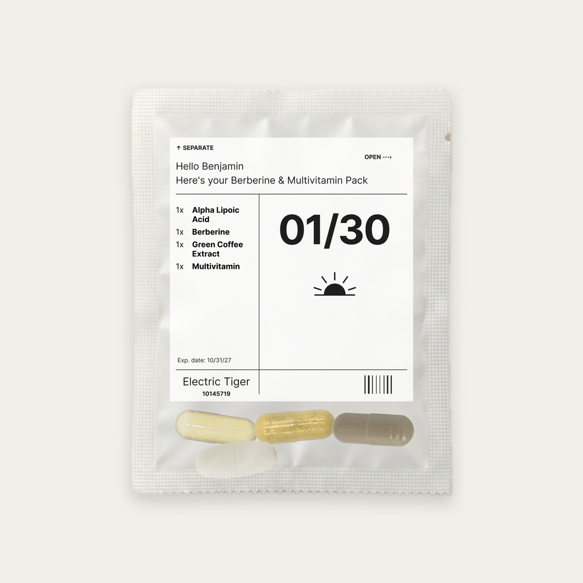 Berberine & Multivitamin Pack: the daily pouch, printed with a first name, the day and each of the 4 supplements inside