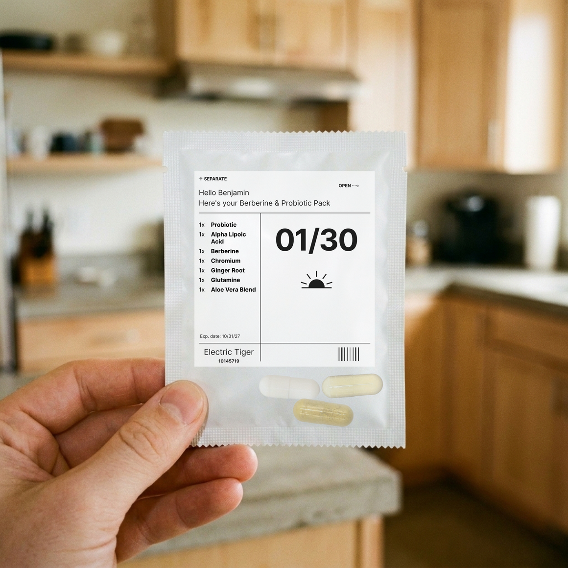 Berberine & Probiotic Pack: one day's pouch, held up in a kitchen