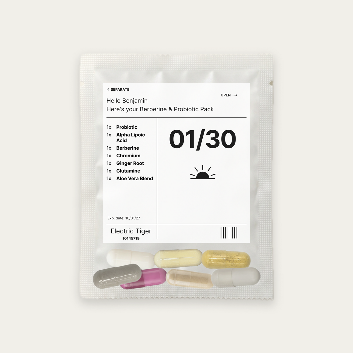 Berberine & Probiotic Pack: the daily pouch, printed with a first name, the day and each of the 7 supplements inside