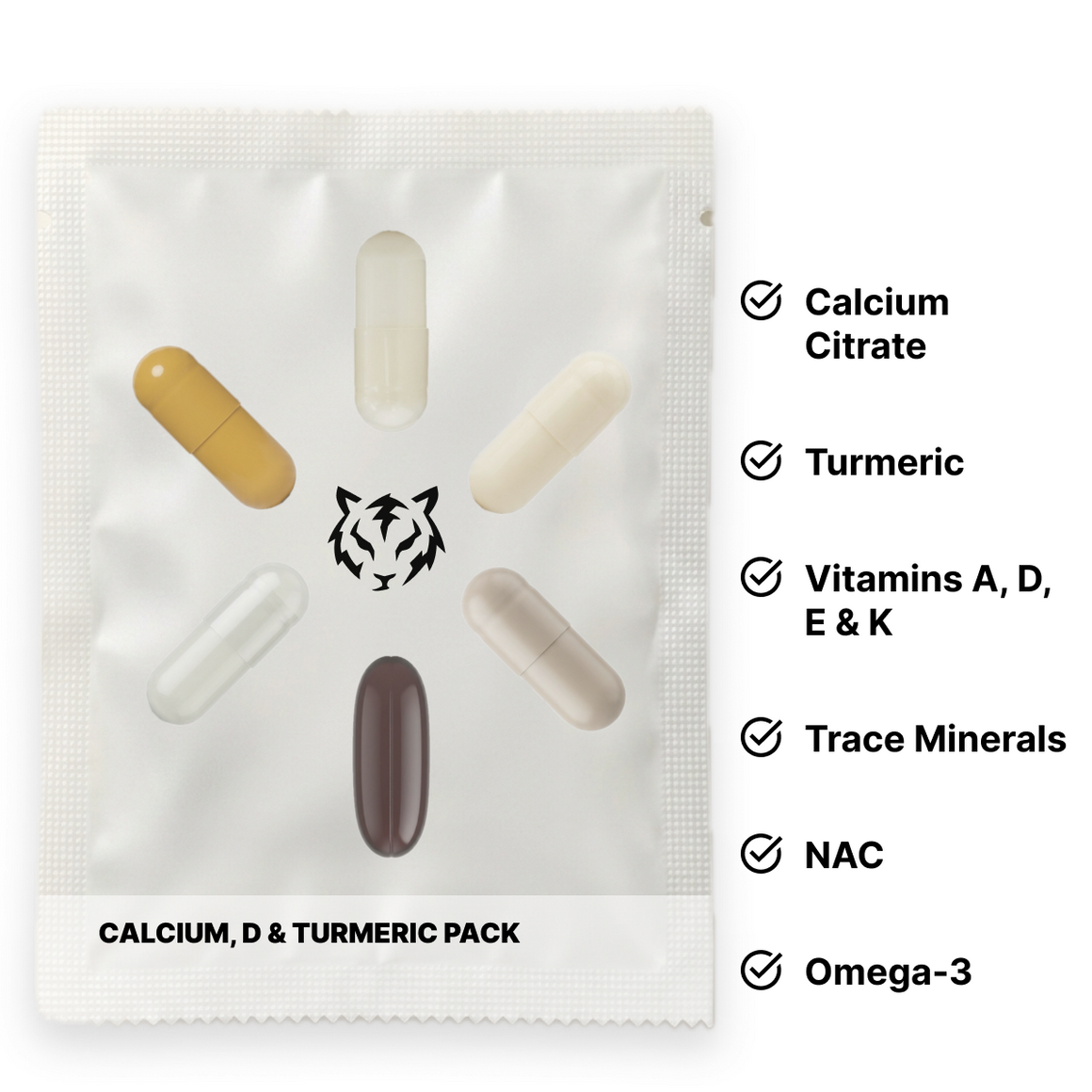 Calcium, D & Turmeric Pack: one daily pouch and the 6 supplements inside it