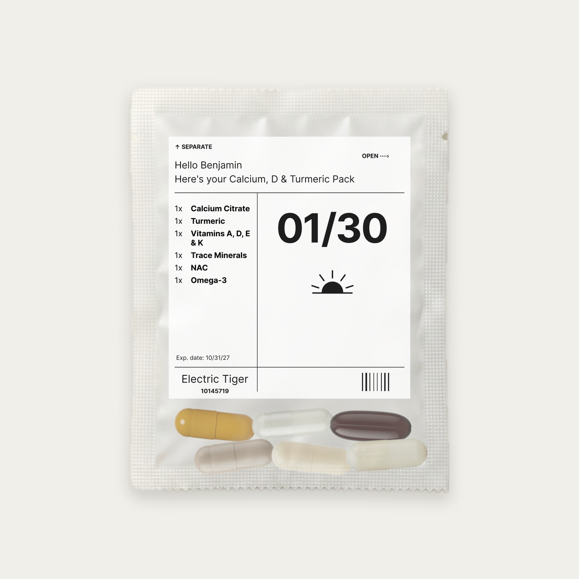 Calcium, D & Turmeric Pack: the daily pouch, printed with a first name, the day and each of the 6 supplements inside