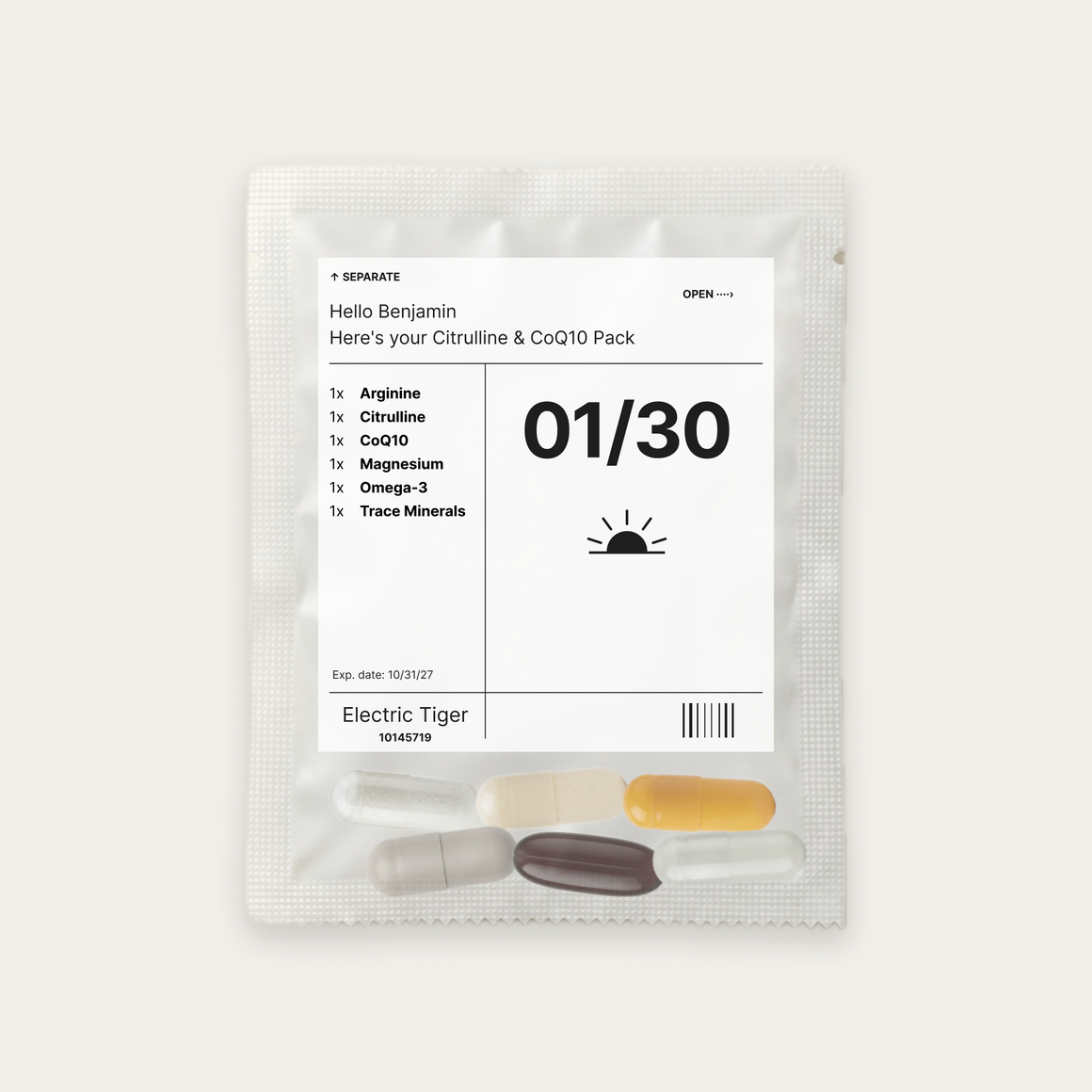 Citrulline & CoQ10 Pack: the daily pouch, printed with a first name, the day and each of the 6 supplements inside