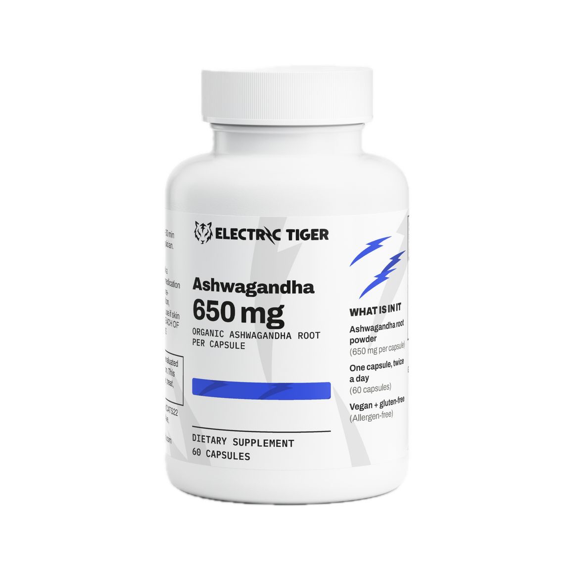 Electric Tiger Ashwagandha 650 mg capsules, front of bottle