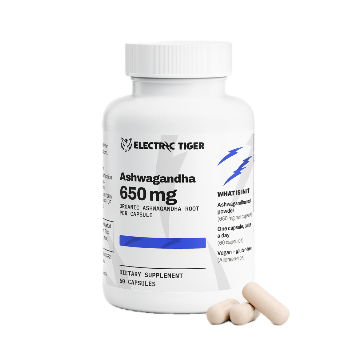 Electric Tiger Ashwagandha bottle with capsules