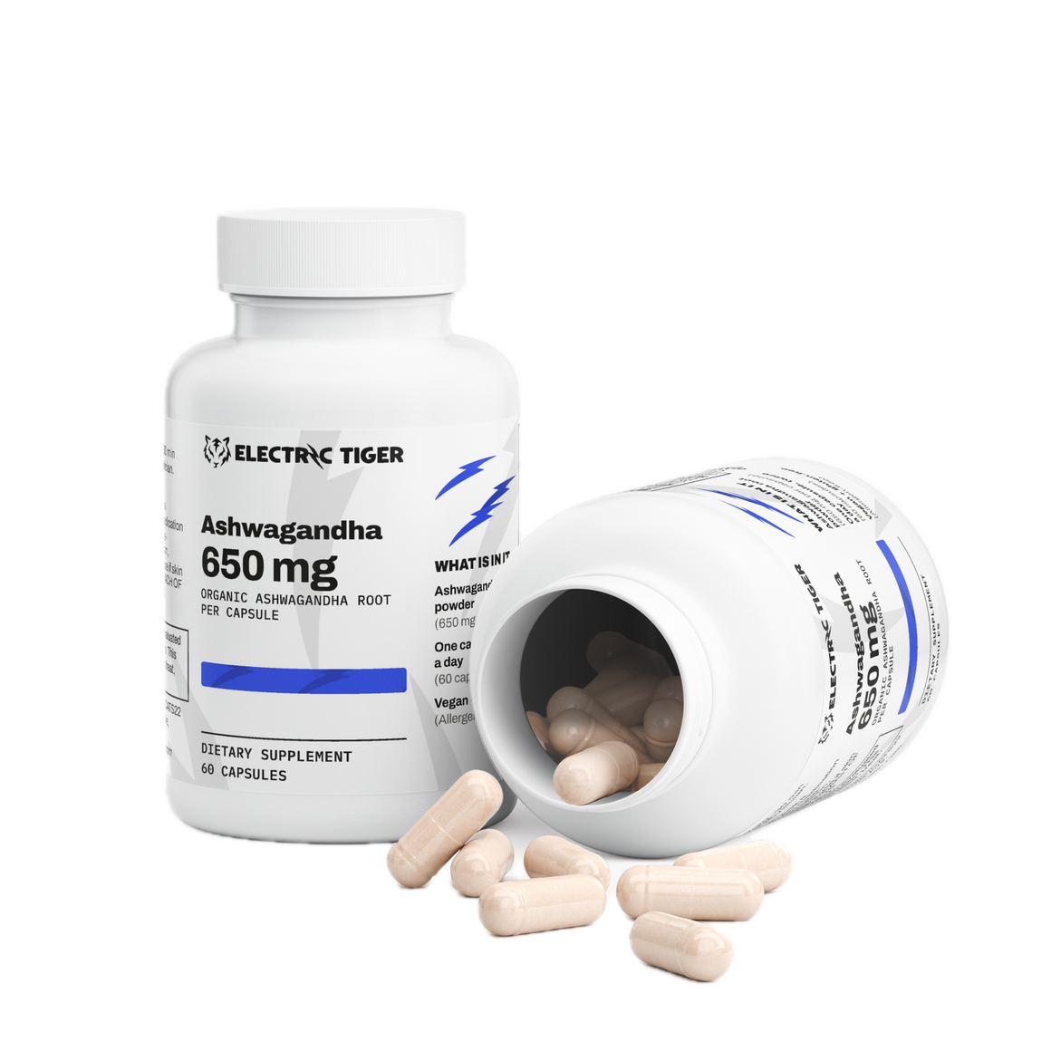 Electric Tiger Ashwagandha bottle, open with capsules