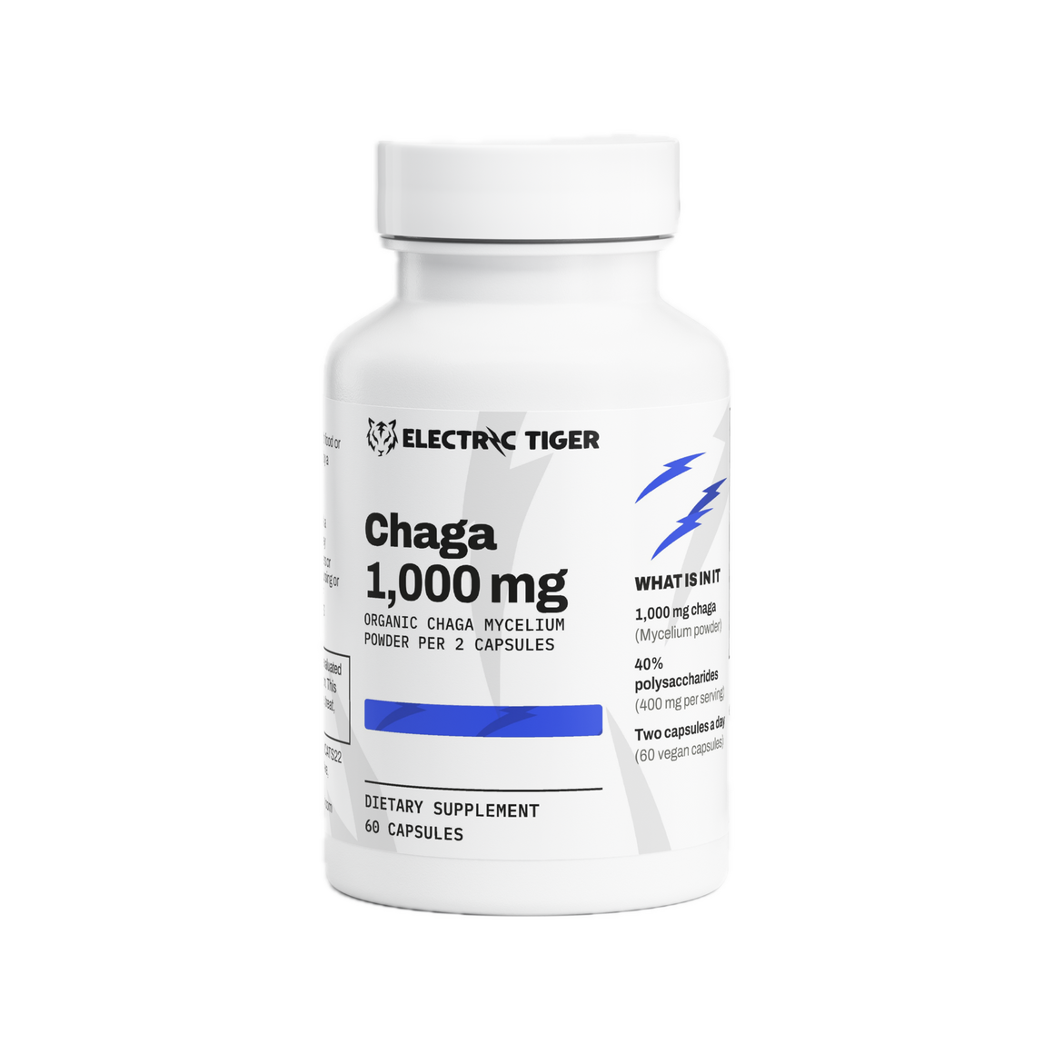 Electric Tiger Chaga Mushroom 1,000 mg capsules, front of bottle