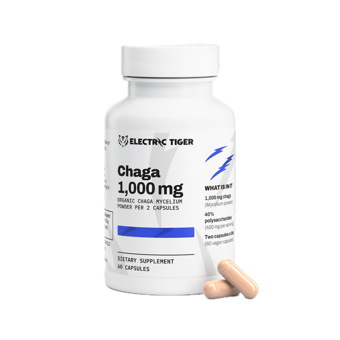 Electric Tiger Chaga Mushroom bottle with capsules