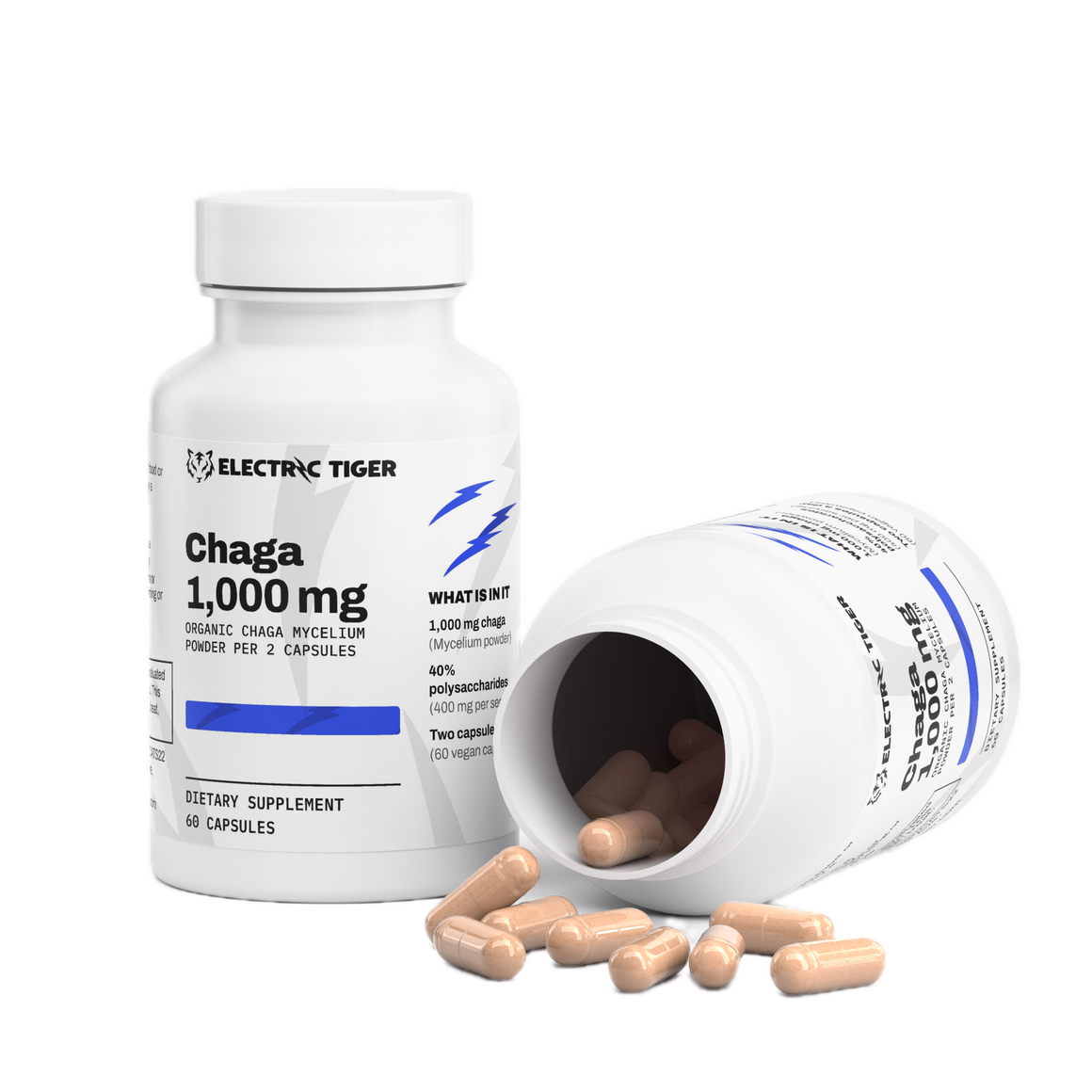 Electric Tiger Chaga Mushroom bottle, open with capsules