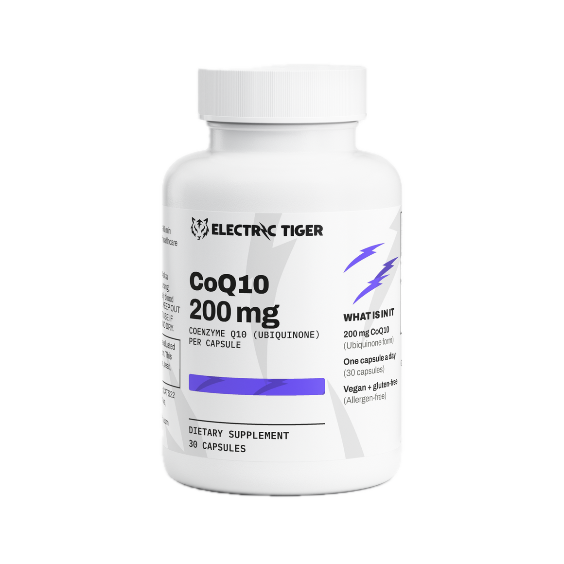 Electric Tiger CoQ10 200 mg capsules, front of bottle