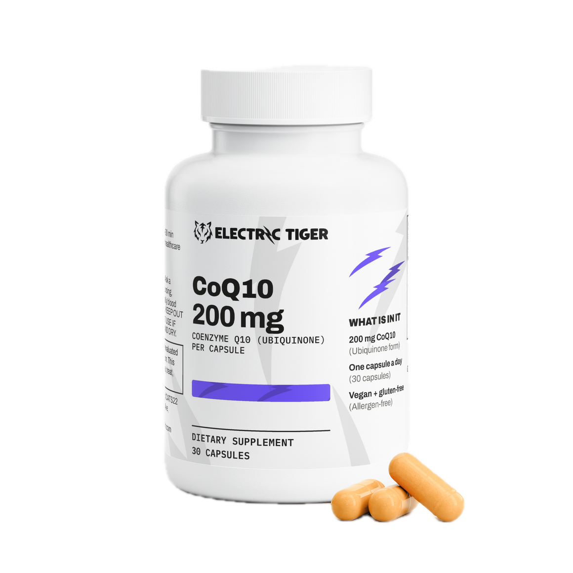 Electric Tiger CoQ10 bottle with capsules