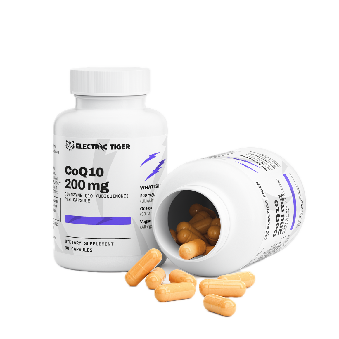 Electric Tiger CoQ10 bottle, open with capsules