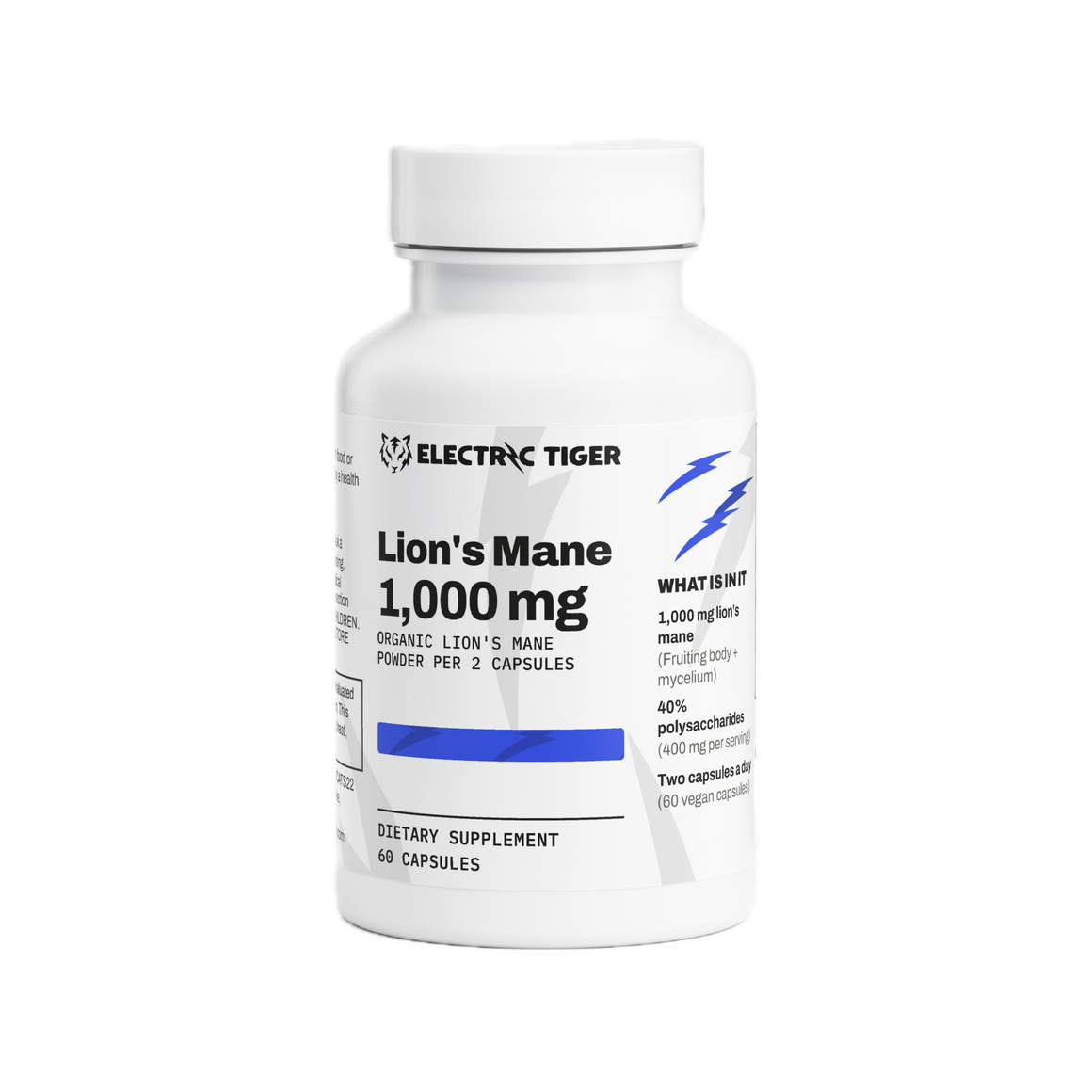 Electric Tiger Lion's Mane Mushroom 1,000 mg capsules, front of bottle