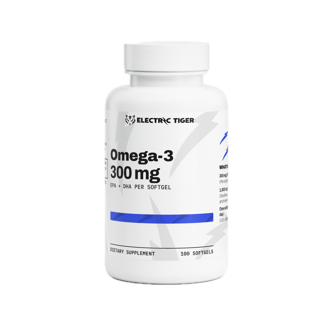 Electric Tiger Omega-3 softgels, front of bottle