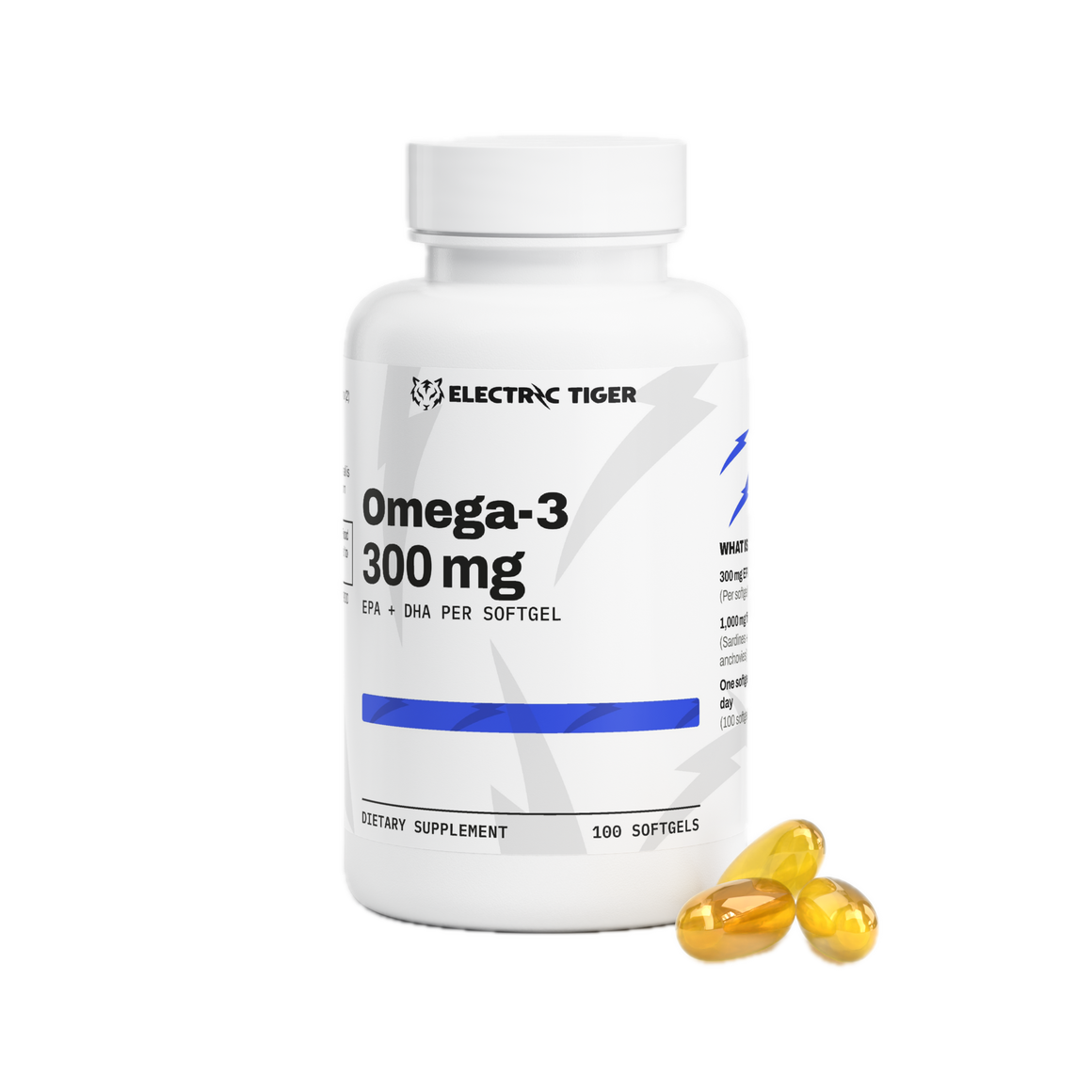 Electric Tiger Omega-3 bottle with softgels