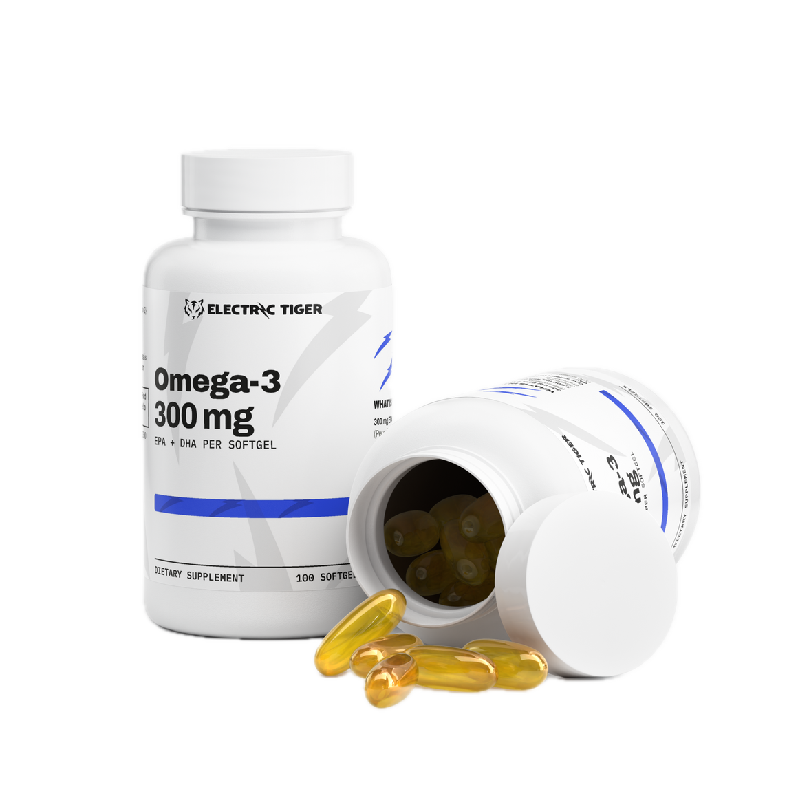 Electric Tiger Omega-3 bottle, open with softgels