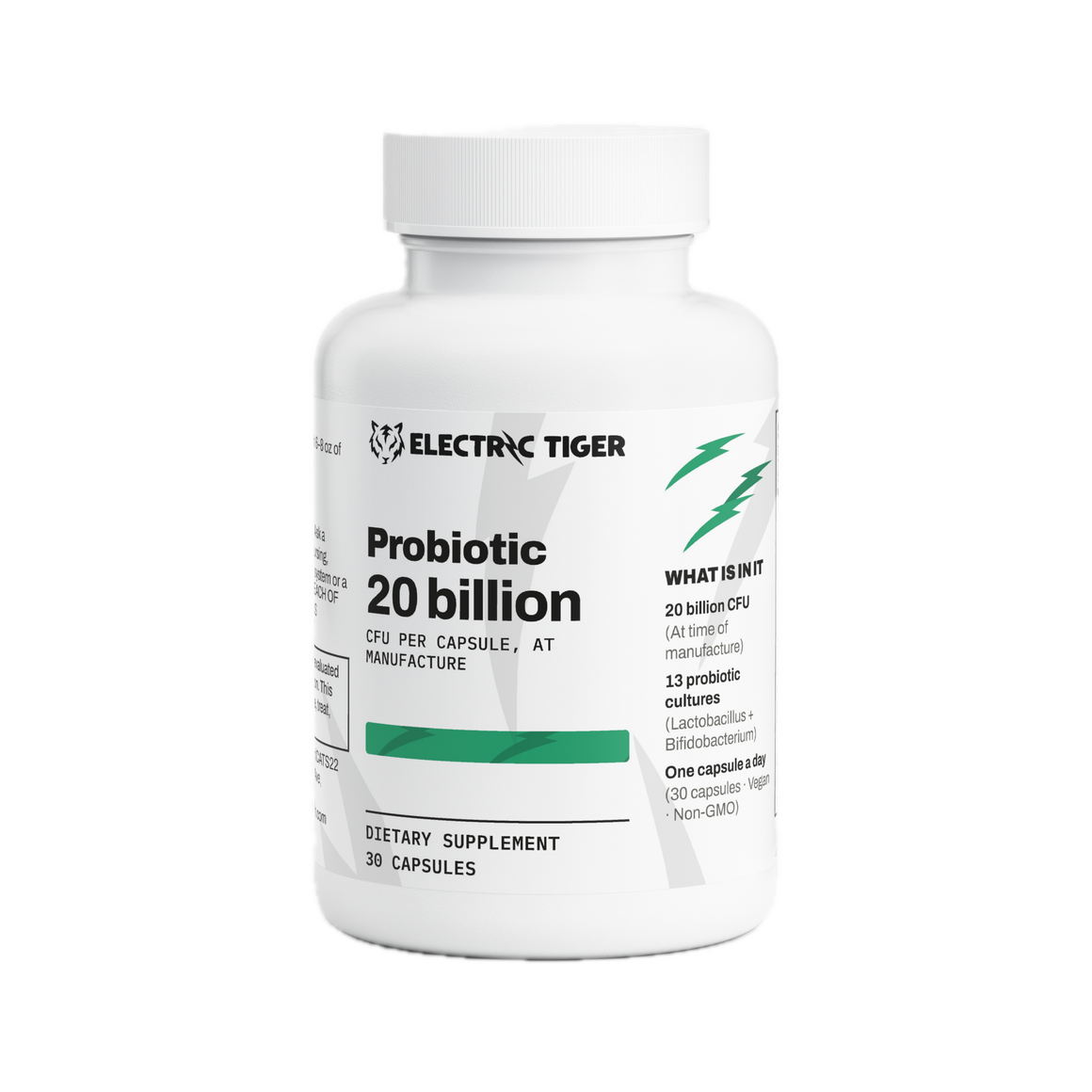 Electric Tiger Probiotic 20 Billion CFU capsules, front of bottle