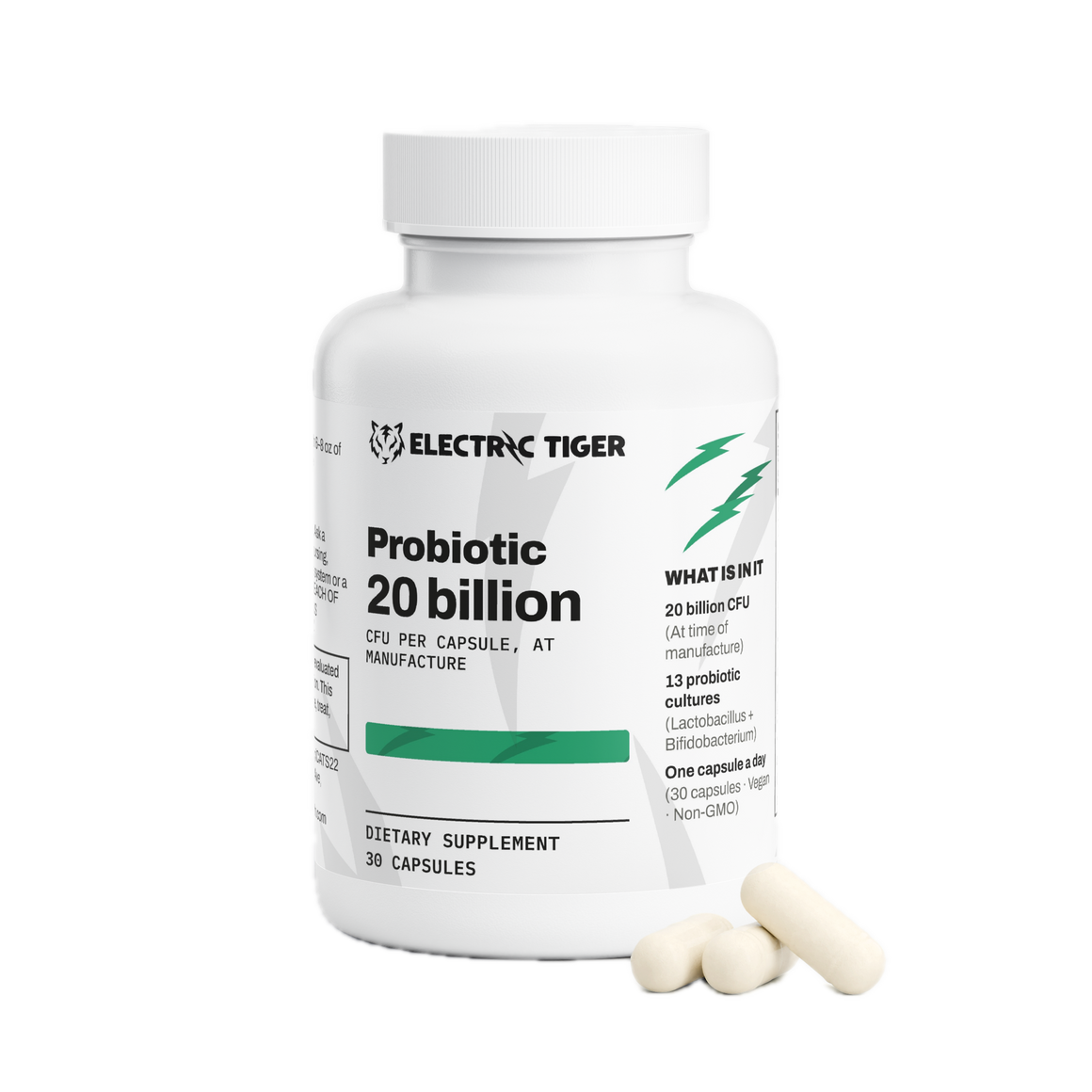 Electric Tiger Probiotic 20 Billion CFU bottle with capsules