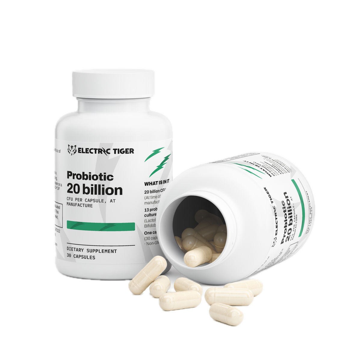 Electric Tiger Probiotic 20 Billion CFU bottle, open with capsules