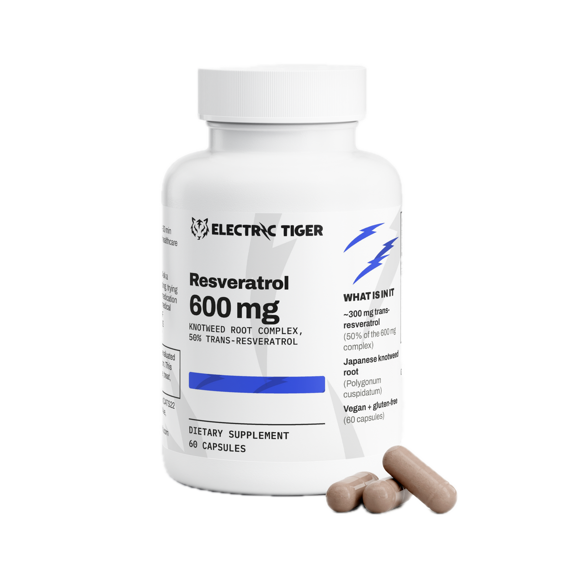 Electric Tiger Resveratrol bottle with capsules