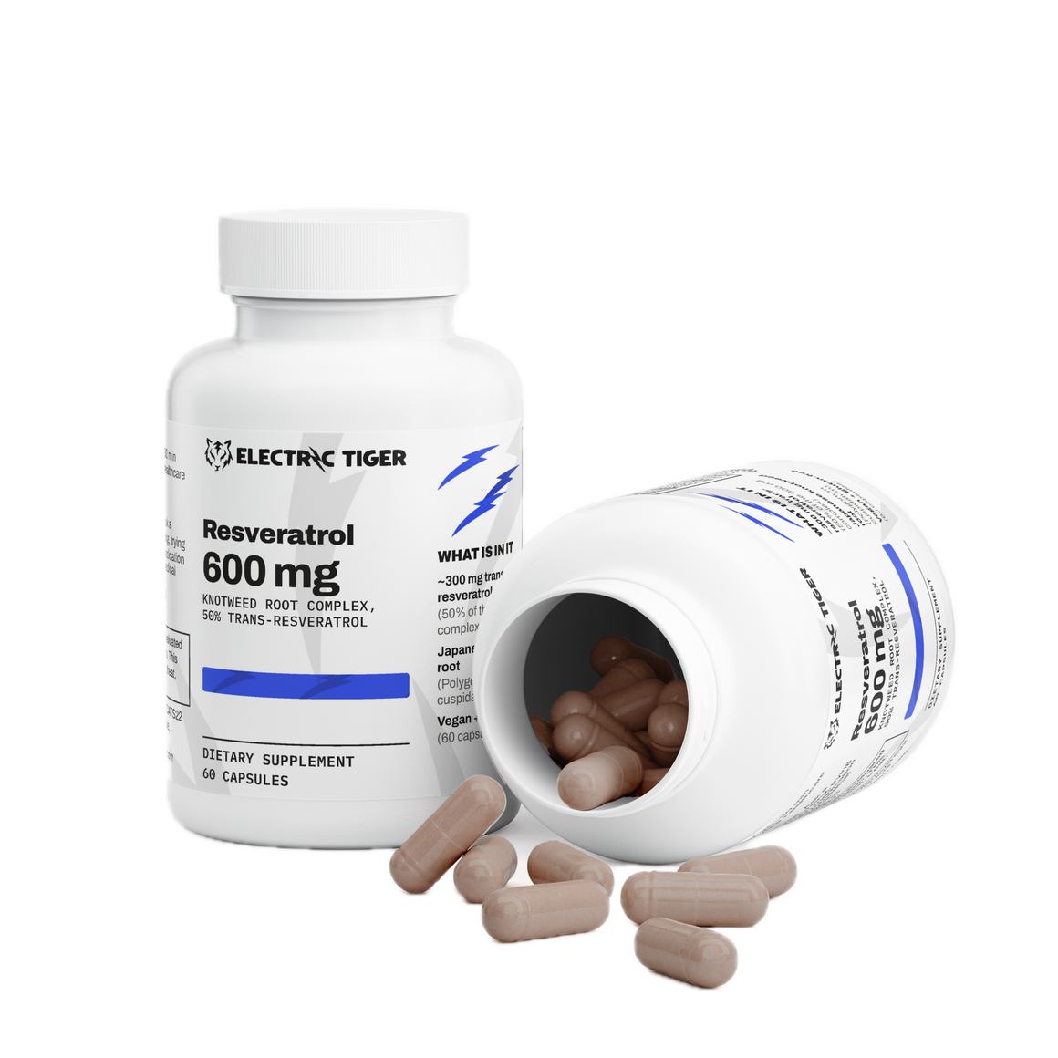 Electric Tiger Resveratrol bottle, open with capsules