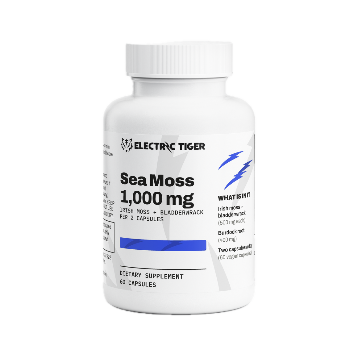 Electric Tiger Sea Moss capsules, front of bottle