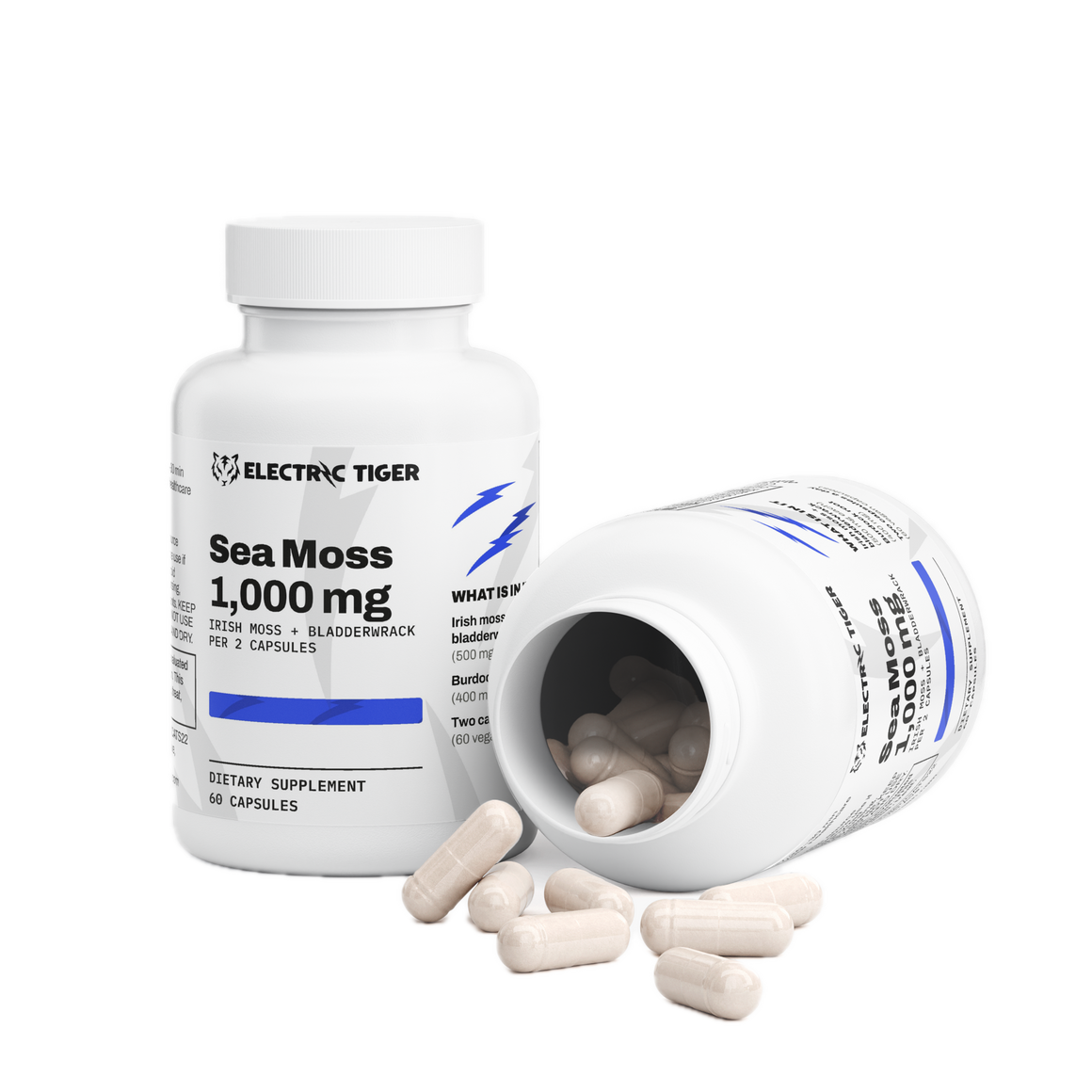 Electric Tiger Sea Moss bottle, open with capsules