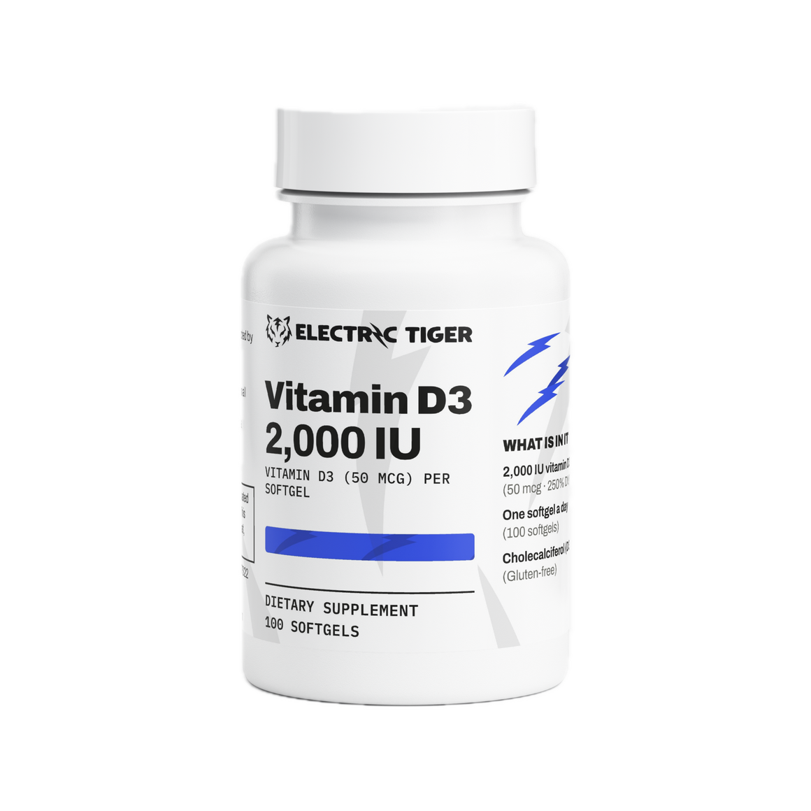 Electric Tiger Vitamin D3 2,000 IU softgels, front of bottle