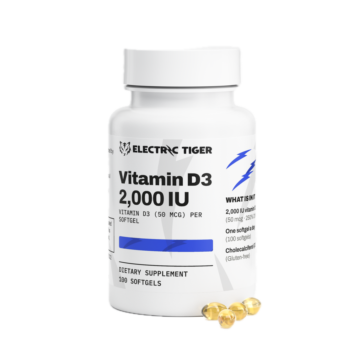 Electric Tiger Vitamin D3 bottle with softgels