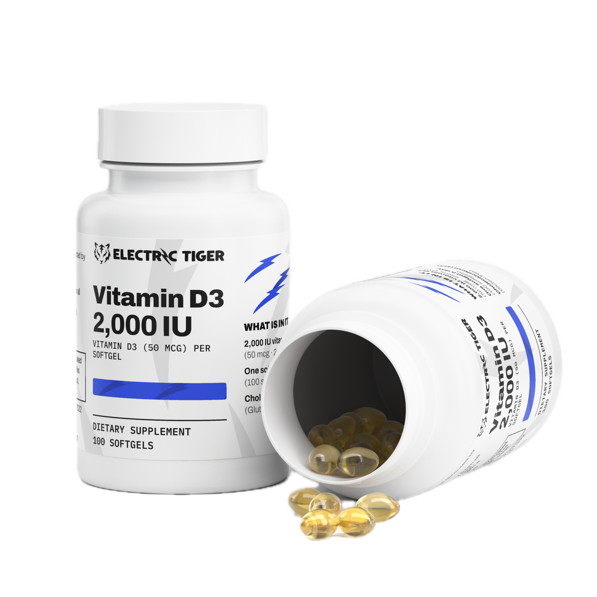 Electric Tiger Vitamin D3 bottle, open with softgels
