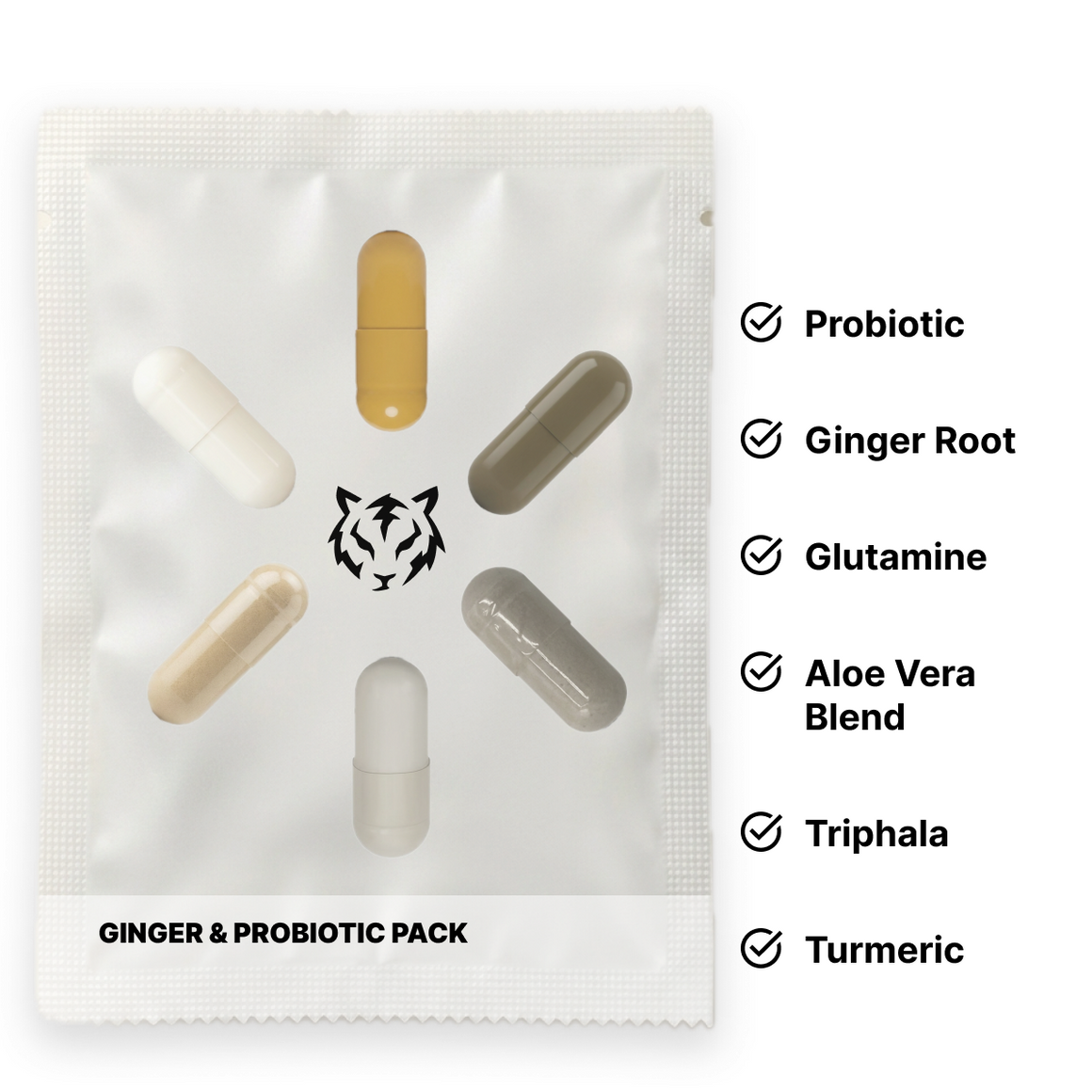 Ginger & Probiotic Pack: one daily pouch and the 6 supplements inside it