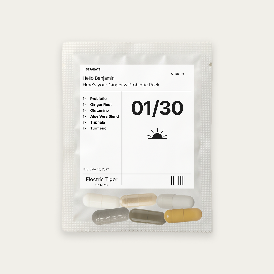 Ginger & Probiotic Pack: the daily pouch, printed with a first name, the day and each of the 6 supplements inside