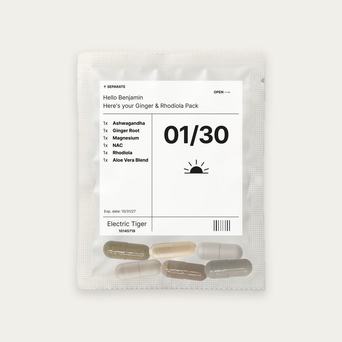 Ginger & Rhodiola Pack: the daily pouch, printed with a first name, the day and each of the 6 supplements inside