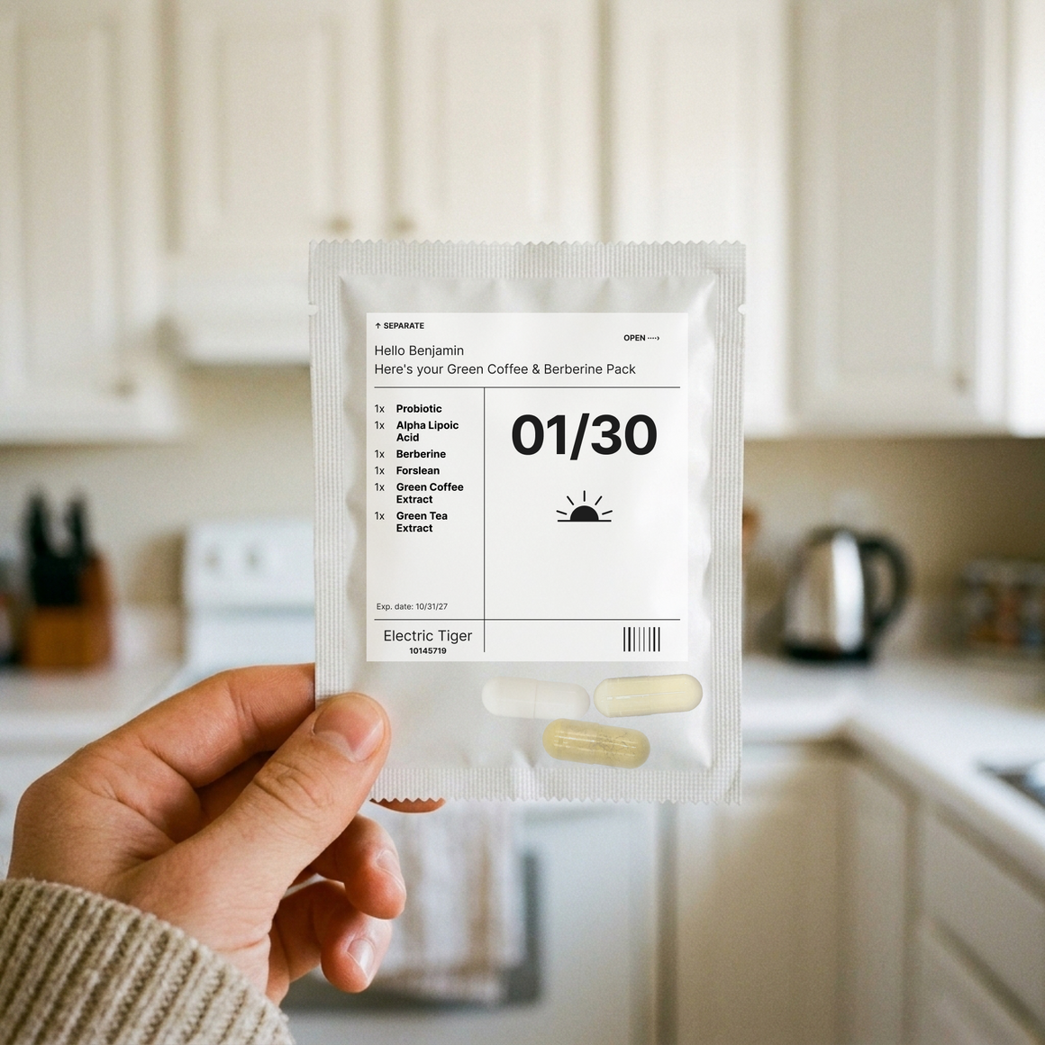 Green Coffee & Berberine Pack: one day's pouch, held up in a kitchen