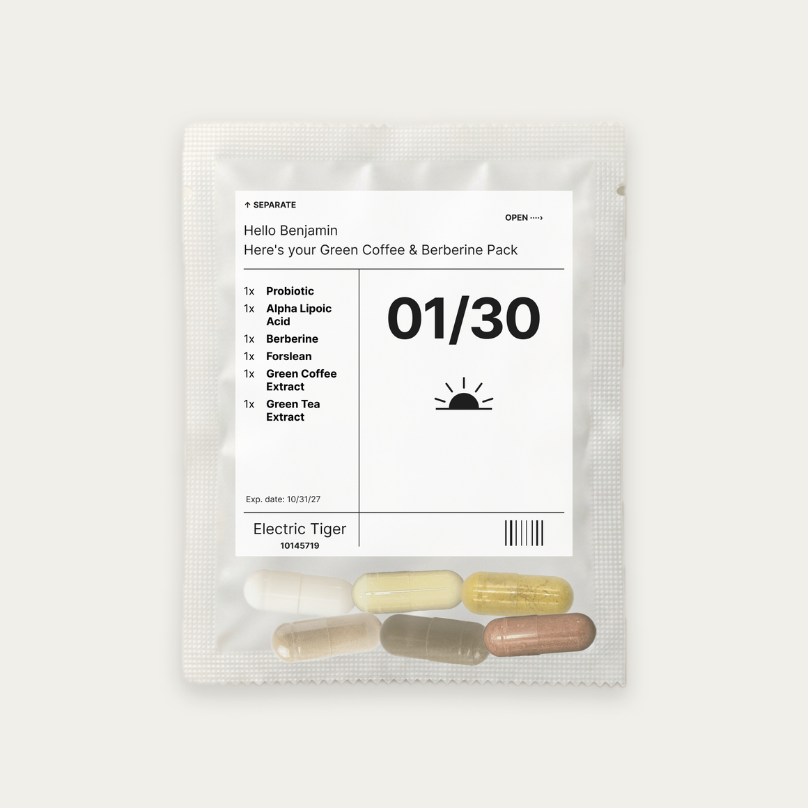 Green Coffee & Berberine Pack: the daily pouch, printed with a first name, the day and each of the 6 supplements inside
