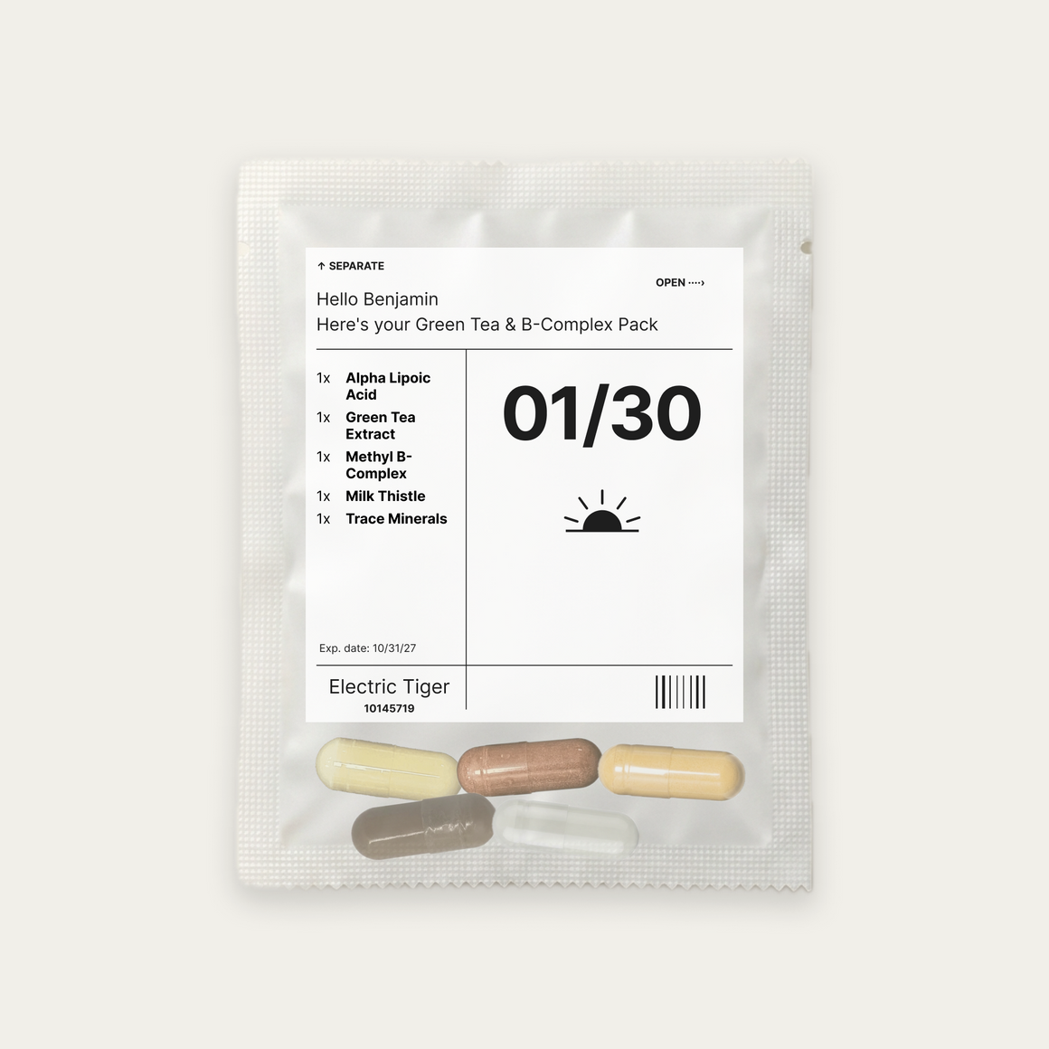 Green Tea & B-Complex Pack: the daily pouch, printed with a first name, the day and each of the 5 supplements inside