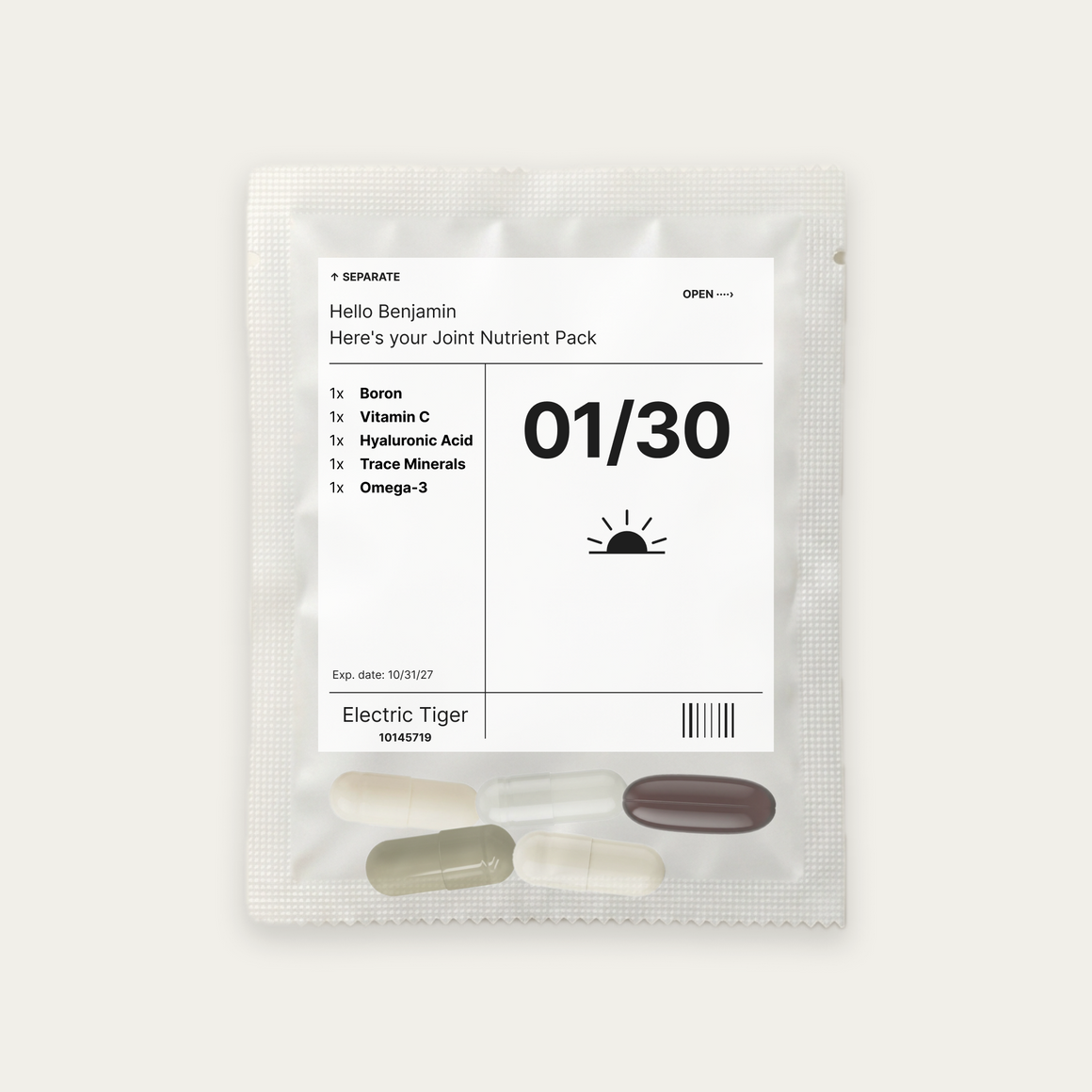 Joint Nutrient Pack: the daily pouch, printed with a first name, the day and each of the 5 supplements inside
