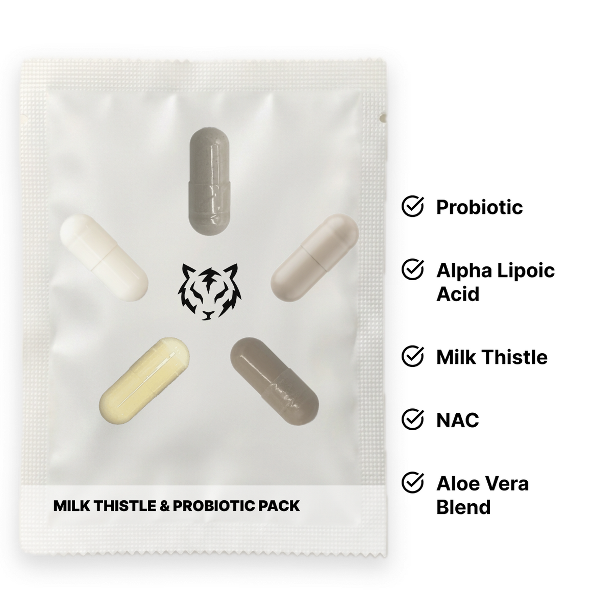 Milk Thistle & Probiotic Pack: one daily pouch and the 5 supplements inside it