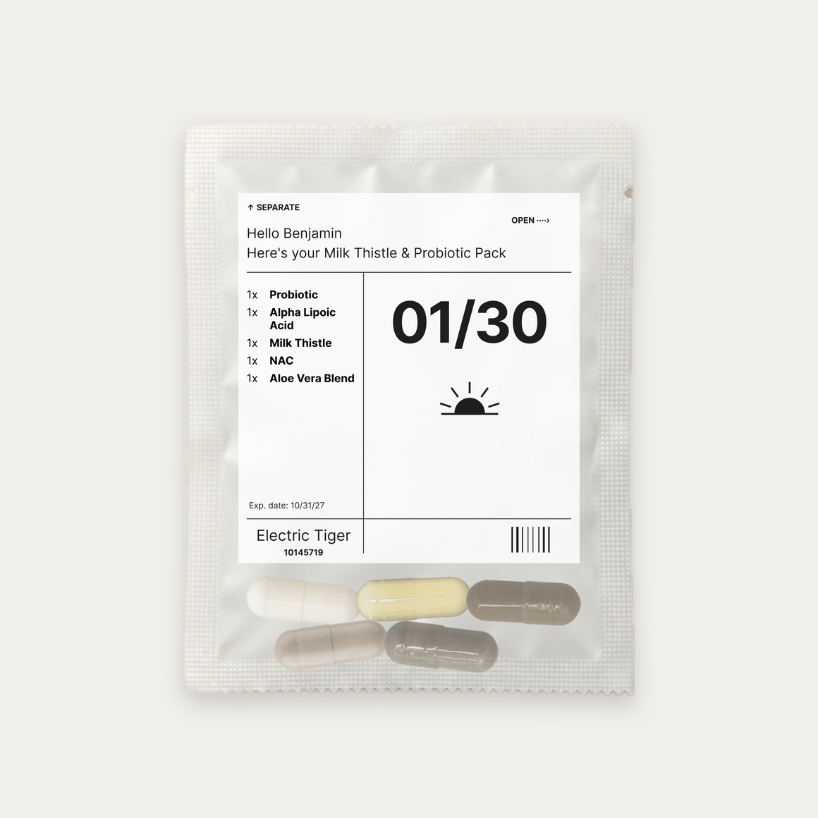 Milk Thistle & Probiotic Pack: the daily pouch, printed with a first name, the day and each of the 5 supplements inside